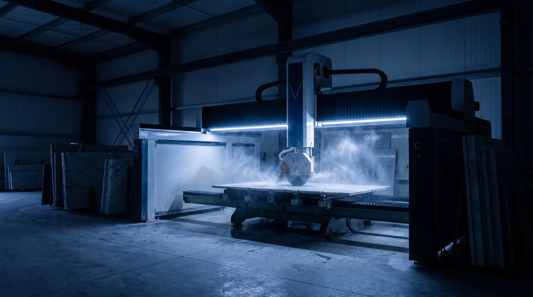 CNC machine cutting a stone slab in the Cardiff factory