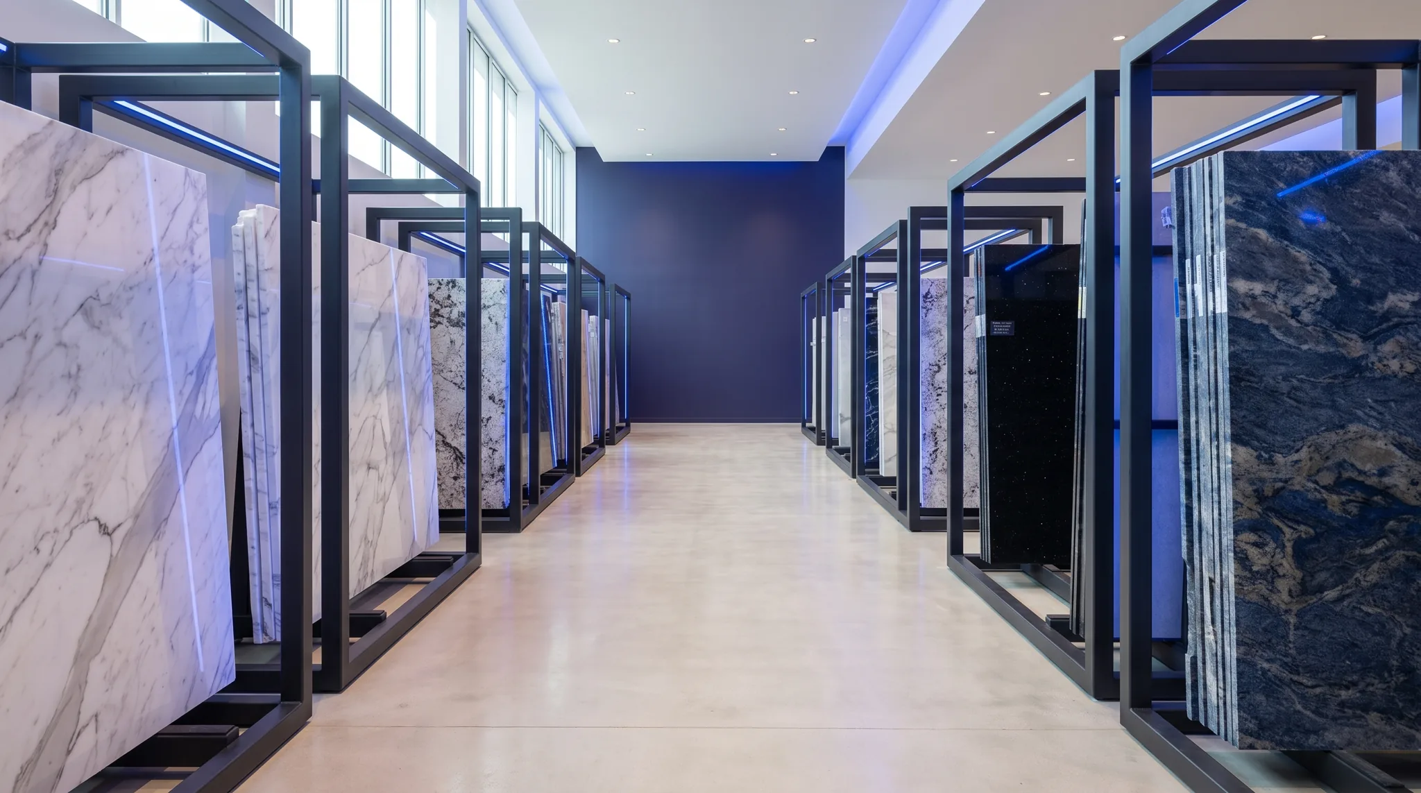 The Tops In Stone showroom in Cardiff, full slabs on display